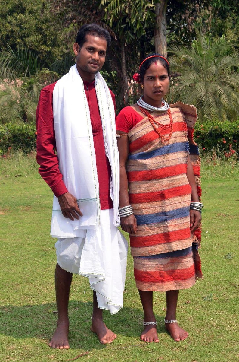 A Gadaba couple photographed in Koraput, Odisha, wearing traditional clothing