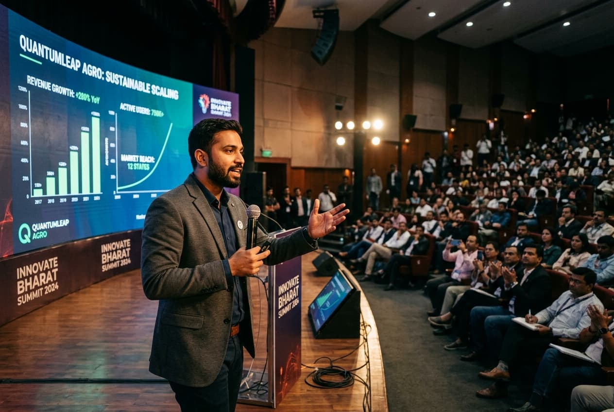 A young founder presenting an innovation to an investor jury